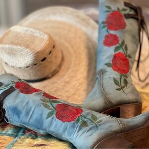 Blue Boots with Red Floral Embroidery